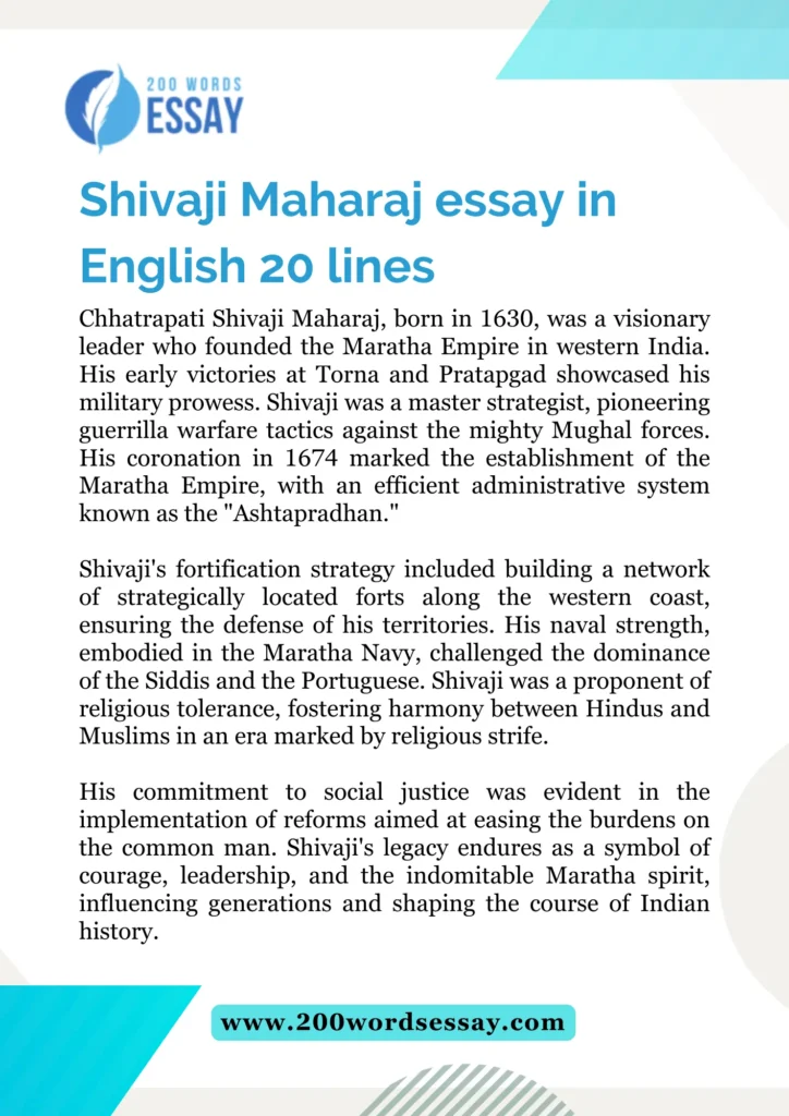 Shivaji Maharaj essay in English 20 lines